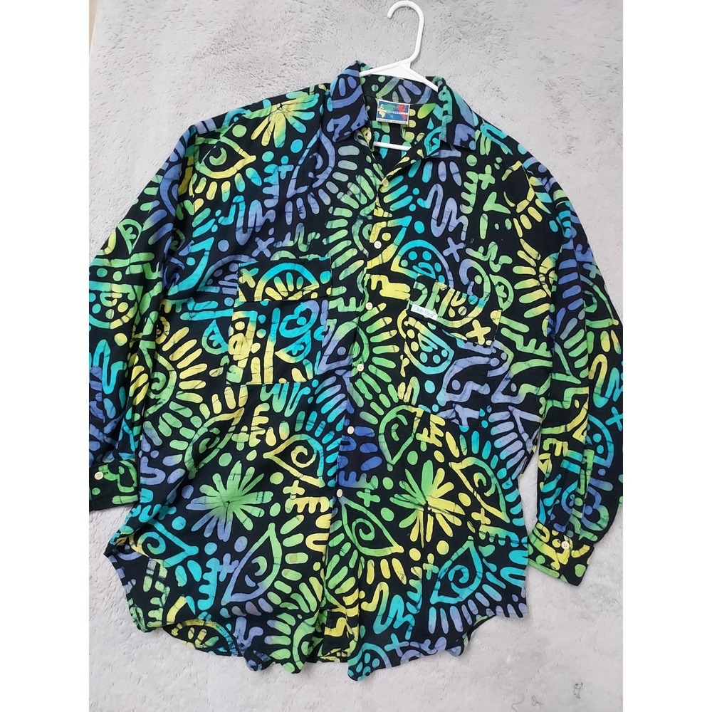Club Med Shirt Mens 2XL Batik  Long Sleeve Abstract Colorful Island Hawaiian